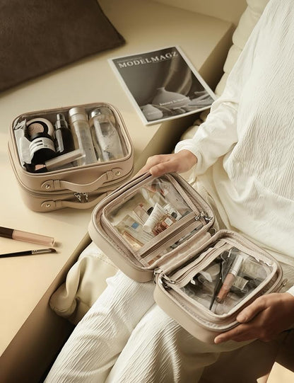 Clear Cosmetic Bag Double Layer 4 Compartments Travel Toiletry Bag Clear Makeup Bag Case with Zipper Transparent Travel Bag for Toiletries, Gift for Women Girls (Taupe, Small)