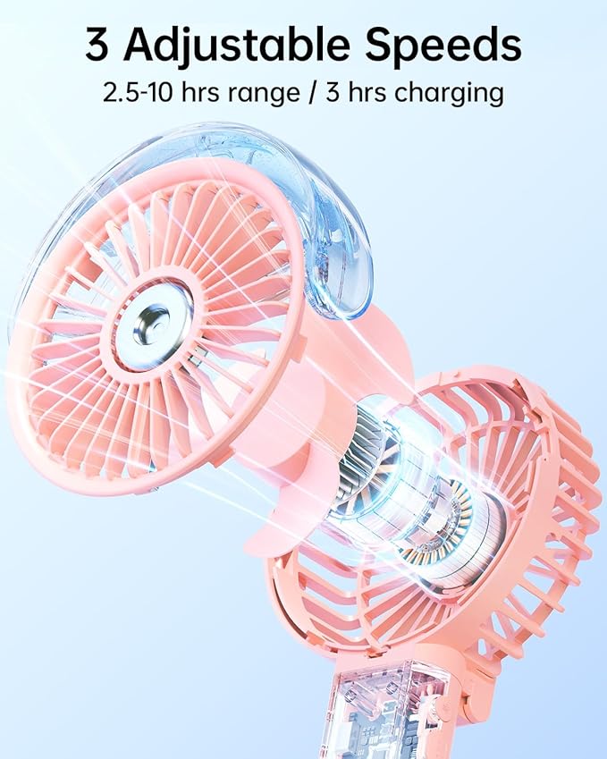 SWEETFULL Portable Misting Fan - 180° Foldable Handheld Personal Fan with Mist Spray, 3 Speeds, 30ml Water Tank, USB Rechargeable for Travel, Outdoors, Makeup, Camping, Home, and Office Use