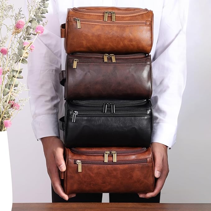 Toiletry Bag for Men, Hanging Travel Shaving Dopp Kit for Men and Women, Water-resistant Toiletries Organizer Bags, PU Leather Cosmetic Bags for Makeup Accessories (Black)