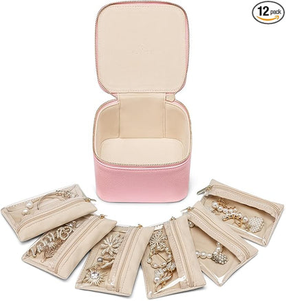 Vlando Travel Jewelry Box for Women,Faux Leather Jewelry Case with 6 Velvet Jewelry Zipper Pockets,Gift Ideas for Women Wife Earrings Necklace Rings Storage Boxes(Strawberry Pink)