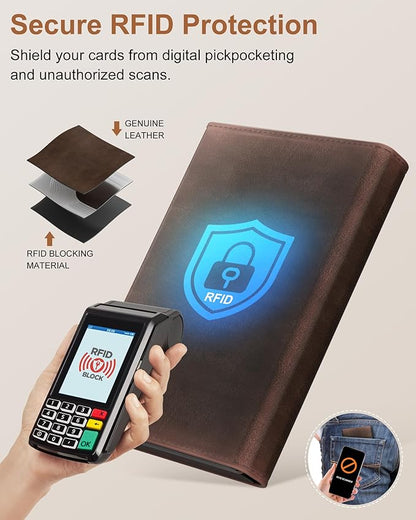 Wallet for Men Card Holder: Pop Up Card Case, RFID Blocking, Premium Genuine Leather, Slim, Minimalist, Front Pocket - 14 Card Capacity | ID Window | Cash Slot (Brown)