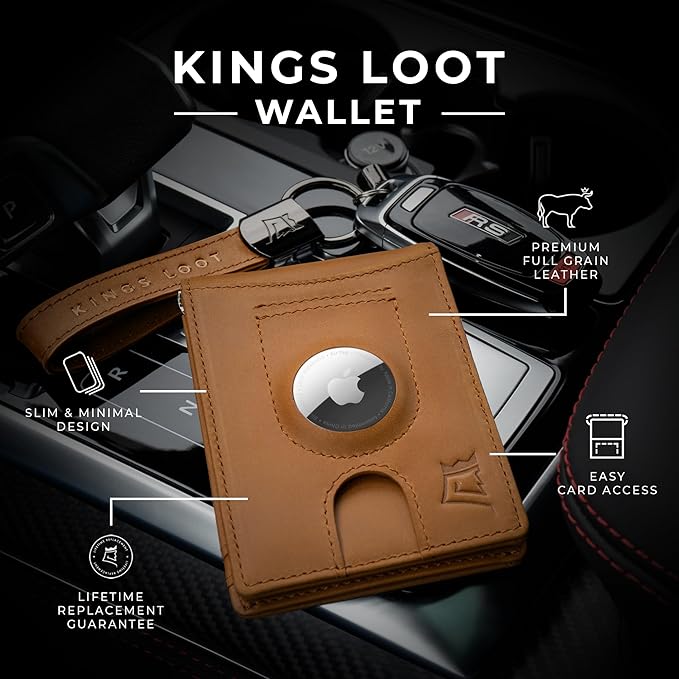 Kings Loot Trackable Airtag Wallet for Men | RFID Blocking Leather Design with Airtag Holder, Money Clip & Pull Tab | Minimalist Air Tag Wallets