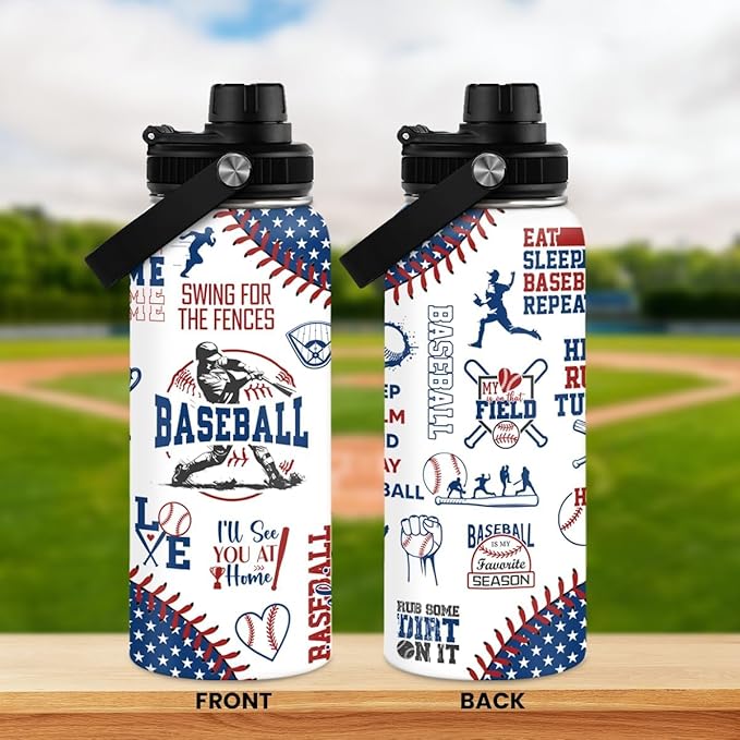 Baseball Water Bottle - 32oz Stainless Steel Insulated Sport Bottles with Lid - Gift for Men Baseball Lover Player Fan Coach