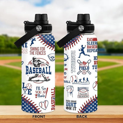Baseball Water Bottle - 32oz Stainless Steel Insulated Sport Bottles with Lid - Gift for Men Baseball Lover Player Fan Coach