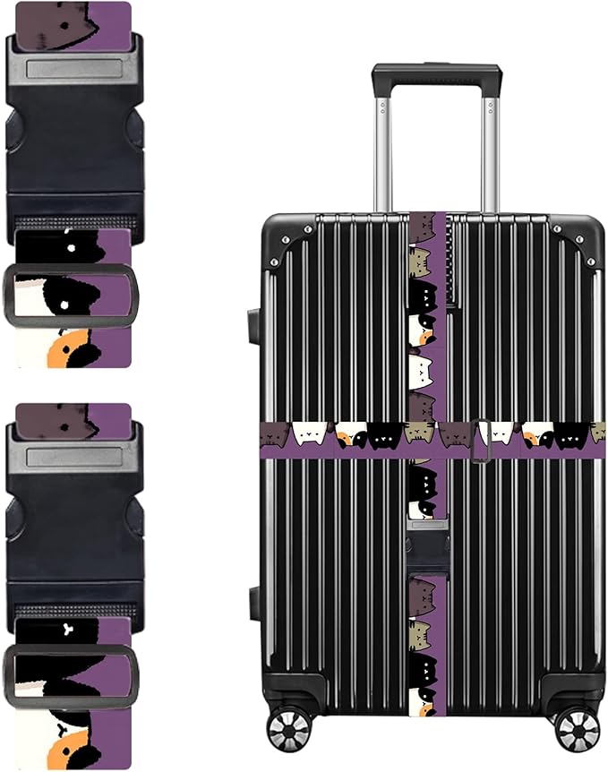 Nuxovilar Luggage Straps of 2 Set Cartoon Cats on Purple Pattern, Durable Material 1.96 * 70.86 Inches for Suitcases, Travel Essentials for 22-28 Inch Luggage, Perfect for Pet Lovers, Leisure Trips