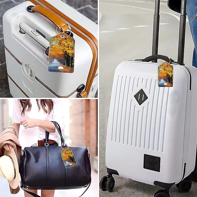 Funny PU Leather Luggage Tags 2-Pack Suitable for Suitcase Stainless Steel Loop and Address Card Essential with Cruise and Airport Travel Fallen Leaves in Autumn Cute Pattern