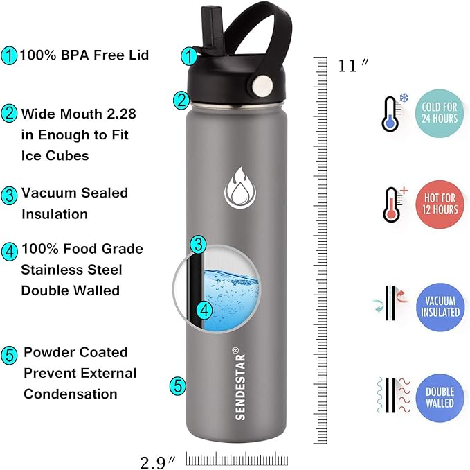 SENDESTAR Stainless Steel Water Bottle, Wide Mouth Water Bottle 24 oz with Straw Lid, Spout Lid, Double Wall Vacuum Insulated Leak Proof, Keeps Liquids Hot or Cold (Graphite)