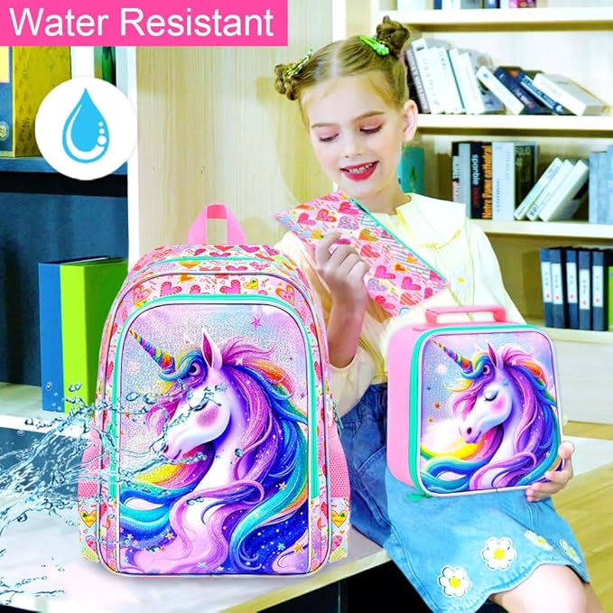 WZLVO 3PCS Kids Backpack for Girls, Unicorn Dinosaur Animal Prechool Elementary Kindergarten School Bookbag with Lunch Box
