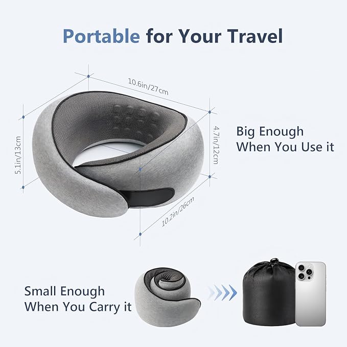 Advanced Memory Foam Neck Travel Pillow, Neck Pillow Airplane with Eye Mask & Ear Plugs, Designed for The Comfort of Travel & Office, Travel Pillow for Plane, Car, Home, Work, Grey