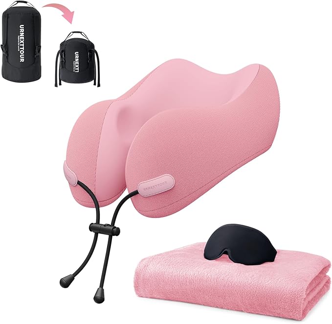 Neck Pillow and Blanket Set for Travel Memory Foam Design Models Pillows with Eye Mask and 50% More Storage Bag Traveling Essentials Plane Car Flight Rest Sleeping Use Adult, Pink