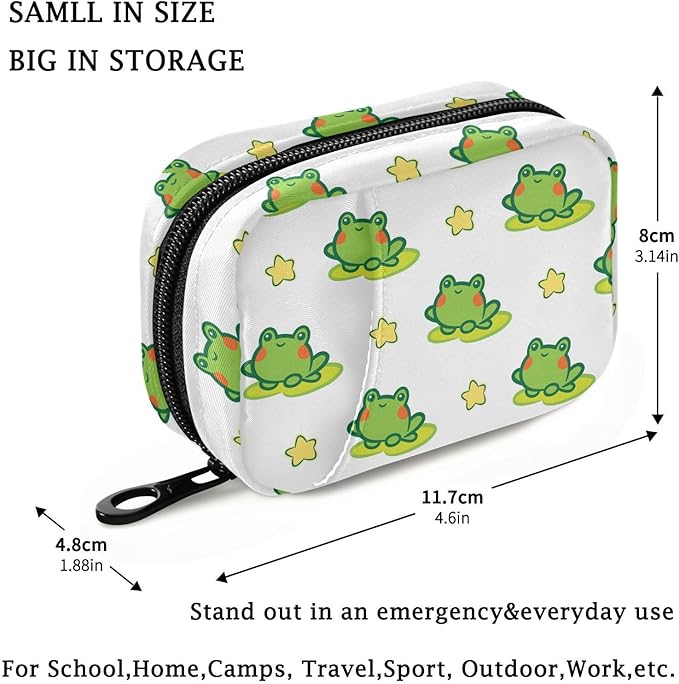 Fustylead Travel Pill Organizer Case Zipper for Purse with Removable Weekly Pill Box for Medicine, Vitamin, Supplement Medicine Organizer (Green Frog)