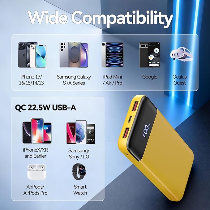 Portable Charger 10000mAh Slim Power Bank Portable Phone Charger 22.5W PD QC Fast Charging with 3 Outputs 2 Inputs Battery Pack Compatible with iPhones Samsung Google Pixel LG Moto More Devices Orange