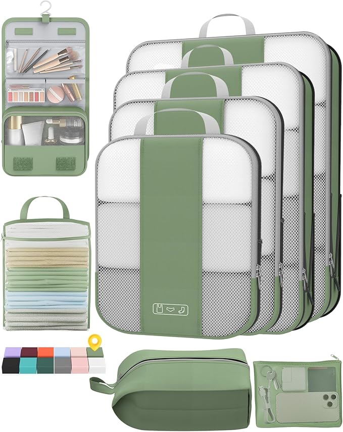 8 Set Compression Packing Cubes for Travel Essentials,Compressible Expandable Packing Cubes for Suitcase,OlarHike Luggage Organizer Bags for Travel,Handy Helper for Organizing Clothes(Matcha Green)