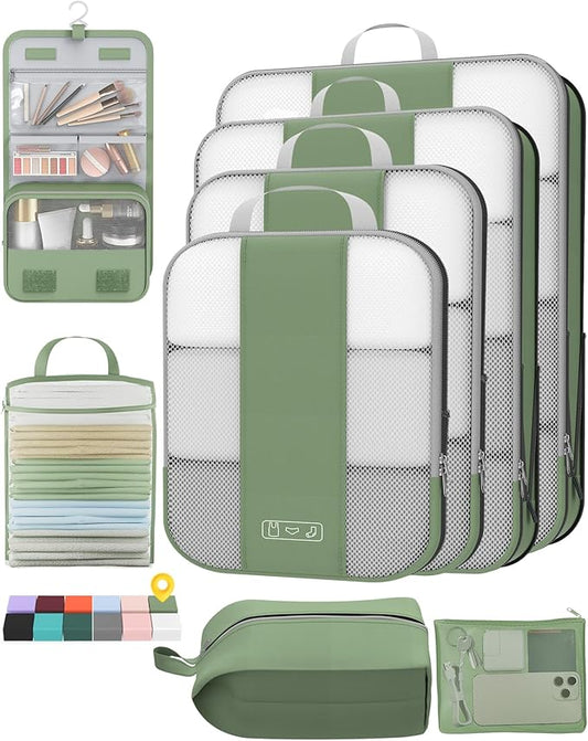 8 Set Compression Packing Cubes for Travel Essentials,Compressible Expandable Packing Cubes for Suitcase,OlarHike Luggage Organizer Bags for Travel,Handy Helper for Organizing Clothes(Matcha Green)