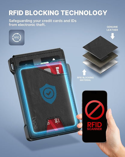 typecase Tactical Wallet for Men Card Holder: Pop Up Card Case, Genuine Leather, Smart, RFID Blocking, Slim, Minimalist, Thin, Front Pocket - 9-13 Card Capacitiy, ID Window, Money Clip (Black)