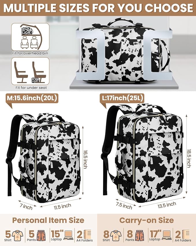 Travel Backpack for Women Man, Waterproof Personal Item Travel Bag Airline Approved Laptop Backpack Bookbag Weekender bags for Business,Travel, Work Fits 15.6 inch Laptop(Medium,Cowprint)