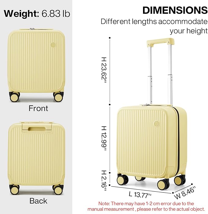 mixi Underseat Carry on Luggage 16 Inch Hardshell PC Suitcase with Spinner Wheels TSA Lock for Travel, Lark Yellow