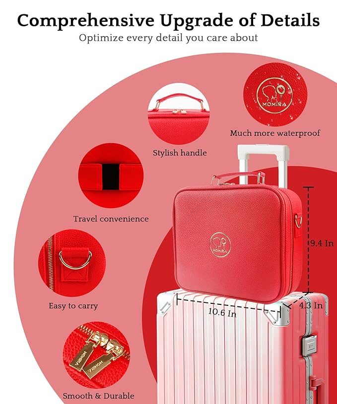 MOMIRA Travel Makeup Bag Cosmetic Bag with Lighted Mirror, Adjustable Brightness in 3 Color Scenarios/Detachable makeup mirror, All-round Upgrade, Waterproof, Gift for Women -Red