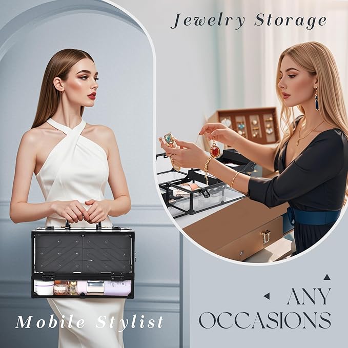 FRENESSA Portable Makeup Case Cosmetics Display Cases Toiletry Organizer Box Transparent Acrylic Artists Train Case with 6 Trays Travel Makeup Tools Storage for Vanity Counter Dresser Organizer Black