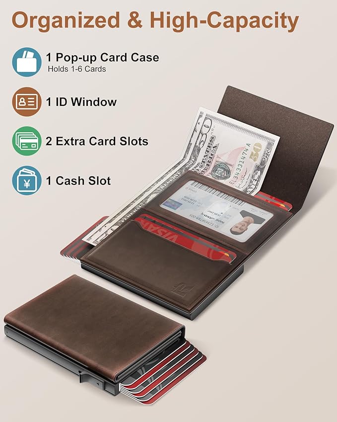 Wallet for Men Card Holder: Pop Up Card Case, RFID Blocking, Premium Genuine Leather, Slim, Minimalist, Front Pocket - 14 Card Capacity | ID Window | Cash Slot (Brown)