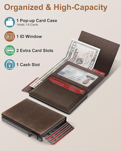 Wallet for Men Card Holder: Pop Up Card Case, RFID Blocking, Premium Genuine Leather, Slim, Minimalist, Front Pocket - 14 Card Capacity | ID Window | Cash Slot (Brown)