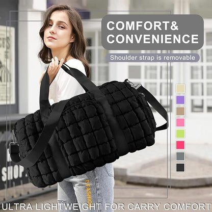 Quilted Travel Duffle Bag Gym Bag for Women,Large Puffer Duffle Weekender Bag with Compartment,Workout Overnight Carry on Organizer Bag Duffle Bag for Airplane Travel(Black)