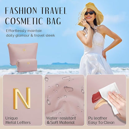 Women Gifts | Initial Makeup Bag Set for Girl Personalized Gifts for Bridesmaid Friend Graduation Teachers PU Leather Cosmetic Travel Toiletry Bag(Pink,N)