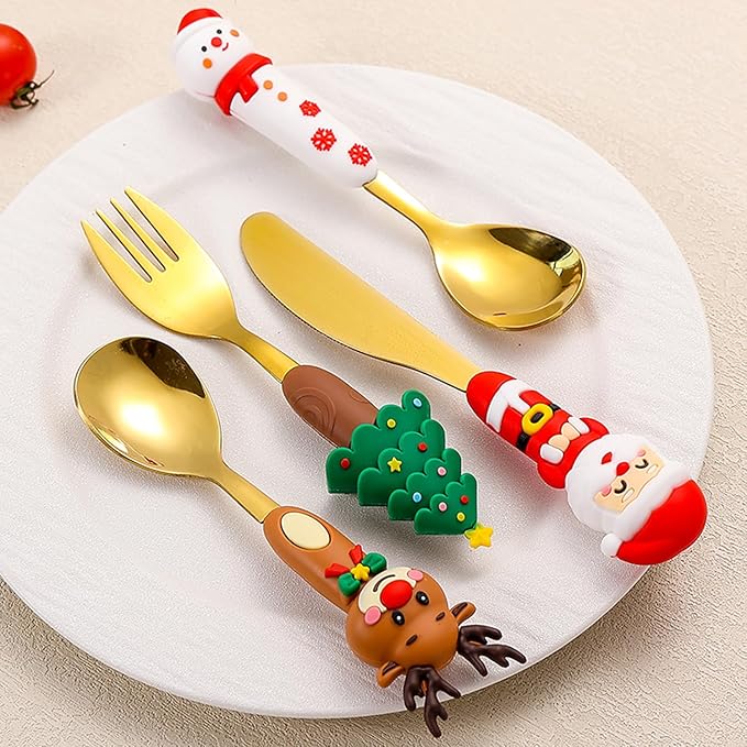 Christmas Utensil Set | Reusable Portable Cutlery Set | Stainless Steel Knife Fork Spoons Gift Box | Includes Themed Utensils (Tree/Santa/Deer/Snowman) | Ideal Christmas Gift