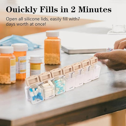 Weekly Pill Organizer Magnetic Large Travel Pill Case, Week Once Daily Medication Dispenser Medicine Container Holder for Supplement Box 7 Day 1 Time a Day (Brown)
