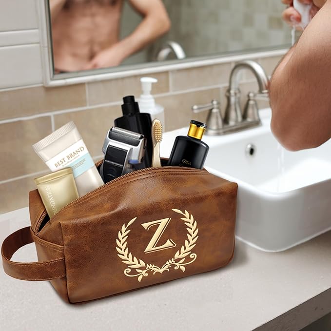 Personalized Travel Toiletry Bag Engraved Letter Leather Kit, Shaving Bag for Toiletries Accessories, Gifts for Men(Z)