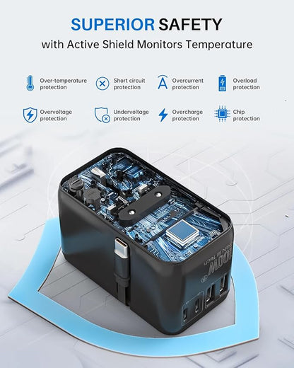 DOACE Universal Travel Adapter, 100W GaN 3.0 European Travel Plug Adapter with Built-in USB-C Cable, 6 in 1 International Power Adapter with 5 USB Ports for EU/UK/USA/AUS(Black)