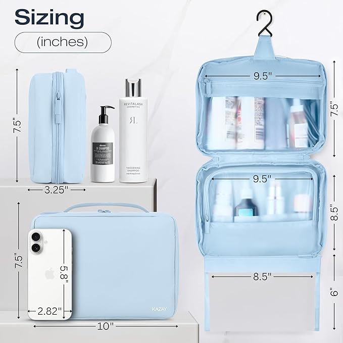 KAZAY Hanging Toiletry Bag with TSA Approved Detachable Pouch, Travel Toiletry Bag, Water Resistant, Premium Nylon, Travel Size Toiletries, Cosmetic Bag, Unisex (Light Blue)