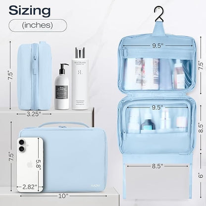 KAZAY Hanging Toiletry Bag with TSA Approved Detachable Pouch, Travel Toiletry Bag, Water Resistant, Premium Nylon, Travel Size Toiletries, Cosmetic Bag, Unisex (Light Blue)