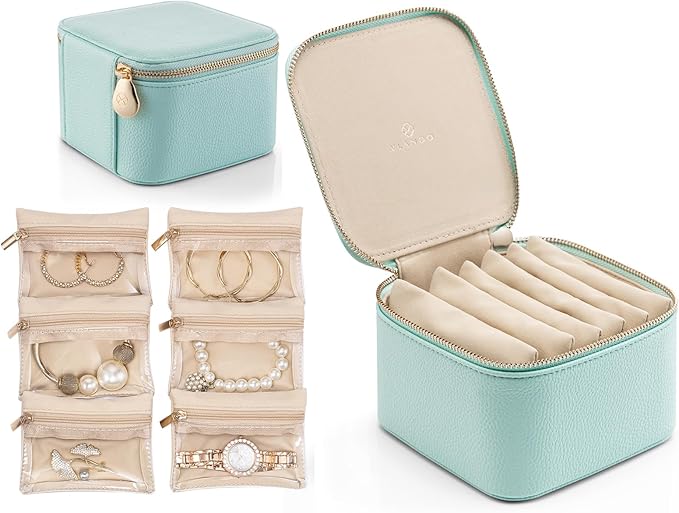 Vlando Travel Jewelry Box Organizer - 6 Small Velvet Zipped Pouches Pockets for Jewelries Necklaces Rings Earrings Sorting Storage, Aqua Blue