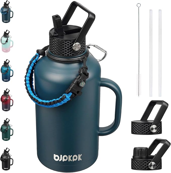 BJPKPK Half Gallon Insulated Water Bottles with Straw Lid & Side Handle, 50oz, 64oz, 87oz, 128oz Large, Stainless Steel Water Bottles with 3 Lids and Paracord Strap, Metal Water Jug,Navy Blue