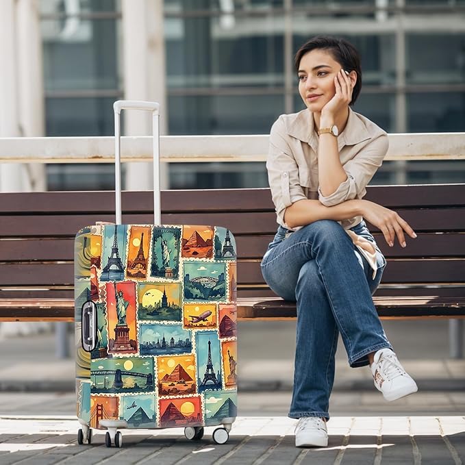 World Landmarks Luggage Cover – Travel Stamp Style Suitcase Protector Featuring Eiffel Tower, Statue of Liberty, and Pyramids, Elastic Washable Travel Cover,Fits 24"-26" Suitcase,M