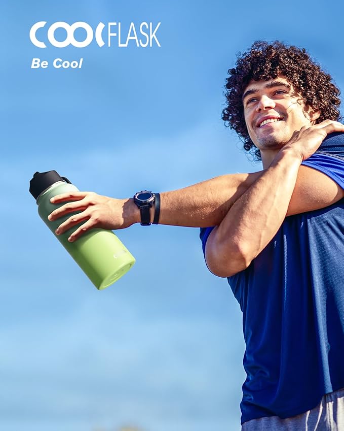 Water Bottle 32 oz Insulated with Straw, Coolflask Stainless Steel Metal 3 Lids Water Flask Wide Mouth for Sports or Office, Non-BPA Keep Cold Up to 48 Hrs or Hot Up to 24 Hrs, Ombre Green