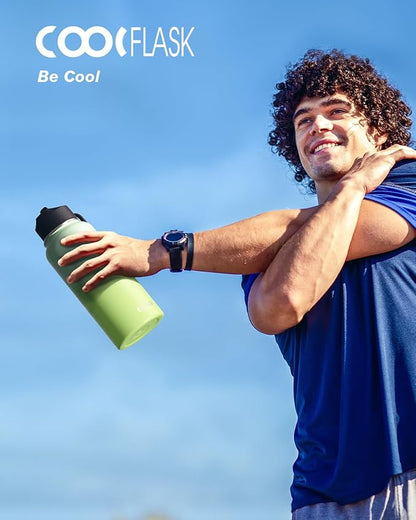 Water Bottle 32 oz Insulated with Straw, Coolflask Stainless Steel Metal 3 Lids Water Flask Wide Mouth for Sports or Office, Non-BPA Keep Cold Up to 48 Hrs or Hot Up to 24 Hrs, Ombre Green