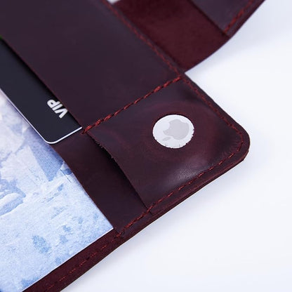 Passport Holder for Travel with AirTag - Passport Wallets Compatible with Airtag Passports Cover with Card Slots & Note Compartment, Magnetic Closure, Genuine Leather Crazy Horse, Vintage Burgundy