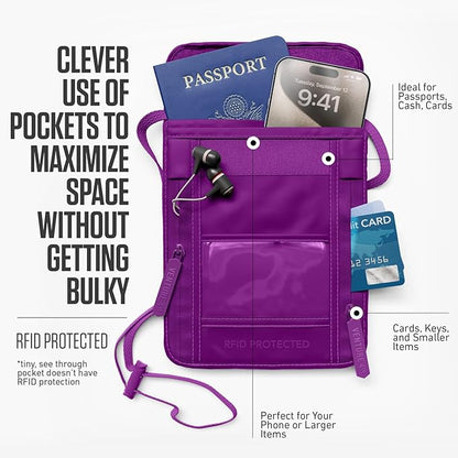 VENTURE 4TH Neck Wallet, RFID Blocking Passport Holder for Travel – Hidden Neck Pouch with 5 Compartments, Slim Lightweight Organizer with Adjustable Strap for Cash, Cards & Passport (Sleek Purple)