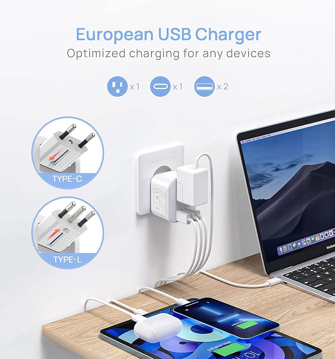 European Travel Plug Adapter - SCOOFEX Foldable Power Plug with 3 USB (1 USB C Port) and 1 AC Outlets Charger for US to Most of Europe - EU France Germany Spain Italy（Type C/L）