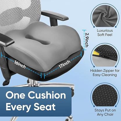 Donut Pillow with Lengthened Center Hole Suspends Tailbone & Sensitive Area, Relieves Pressure for Hemorrhoid and Coccyx Pain, Ergonomic Office & Car Seat Cushion for Prolonged Sitting