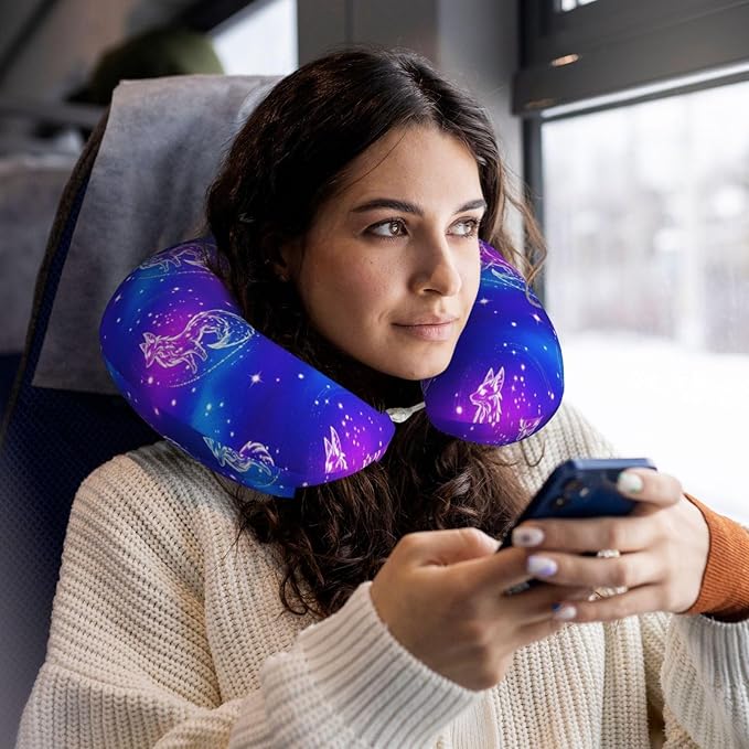 Travel Neck Pillow for Pain Relief Sleeping, Galaxy Wolf, Comfortable Memory Foam Chin Head Cushion Support with Zip Cover, Fashion Car Flight Pillows