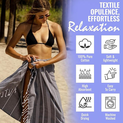 Beach Towel 100% Cotton Turkish Beach Towel Adult 38x70 Inch Pre-washed Absorbent Extra Large|Sand Free Quick Dry BathTowels|Lightweight Blanket|Travel Cruise Camping Spa Gym Yoga Towel|Black