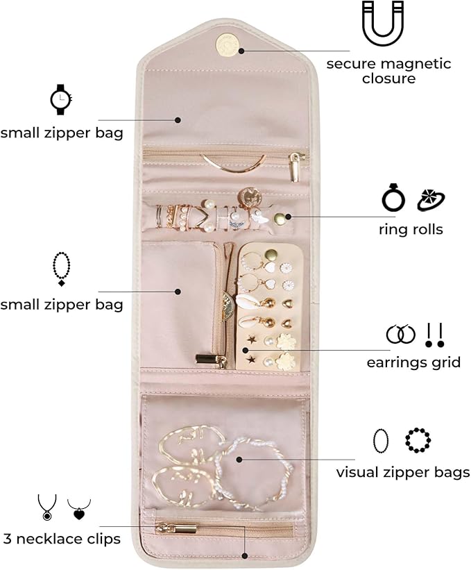 BAGSMART Travel Jewelry Organizer Case Foldable Jewelry Roll for Journey Rings, Necklaces, Earrings, Bracelets,Mini,Beige