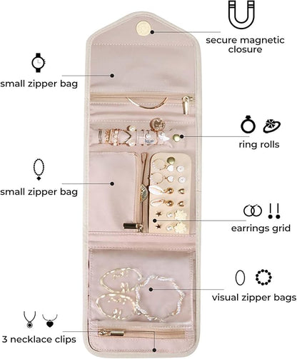 BAGSMART Travel Jewelry Organizer Case Foldable Jewelry Roll for Journey Rings, Necklaces, Earrings, Bracelets,Mini,Beige
