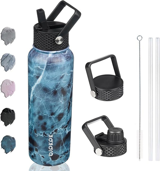 BJPKPK Insulated Water Bottles with Straw Lid, 40oz Stainless Steel Water Bottles with 3 Lids, BPA Free Leakproof Thermo, Tumblers, Cups for Sports, Gym- Ocean