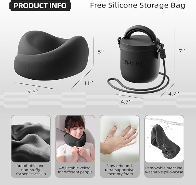 Travel Pillow - Memory Foam Neck Pillow Airplane, Neck Travel Airplane Pillow for Long Flight, Portable Travel Essentials, 360º Ergonomic Support, Machine Washable (Black)