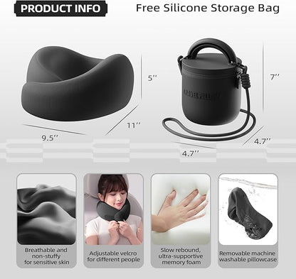 Travel Pillow - Memory Foam Neck Pillow Airplane, Neck Travel Airplane Pillow for Long Flight, Portable Travel Essentials, 360º Ergonomic Support, Machine Washable (Black)