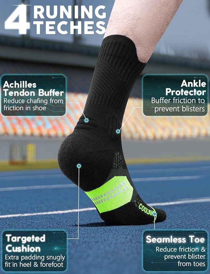 Mens Bamboo Viscose Crew Compression Running Socks Athletic Hiking Cushioned Wicking Anti-Blister Seamless